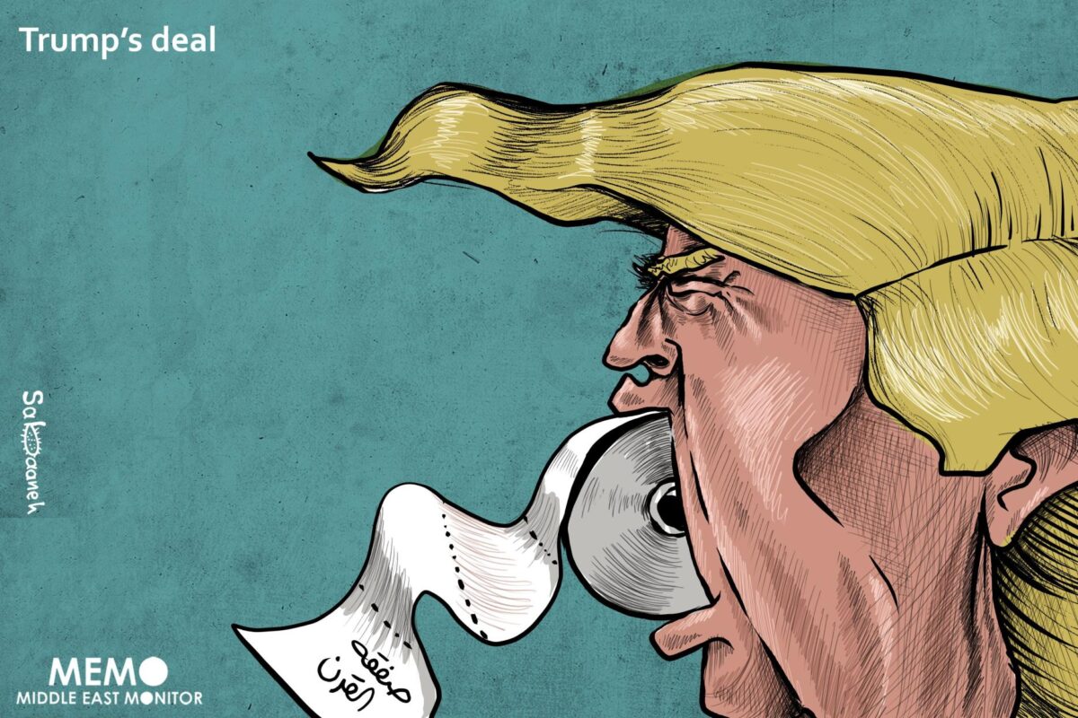 O Acordo de Trump – cartum [Sabaaneh/Middle East Monitor] 