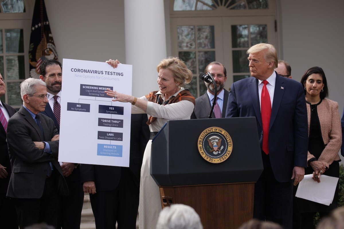 Presidente dos Estados Unidos Donald Trump declara emergência nacional devido à pandemia de coronavírus (covid-19), no Jardim Rosa da Casa Branca, em Washington DC, Estados Unidos, 13 de março de 2020 [Yasin Öztürk/Agência Anadolu]