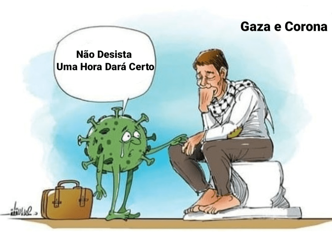 Desenho de caricatura fala sobre coronavírus e Gaza (Alaa Allagta)