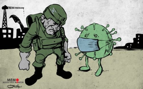 A ocupação e o coronavírus, duas ameaças aos palestinos. [Sabaaneh/ Monitor do Oriente Médio]