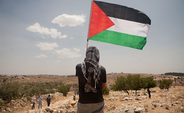 Mulher palestina com a bandeira nacional de seu povo em frente às suas terras [foto de arquivo]