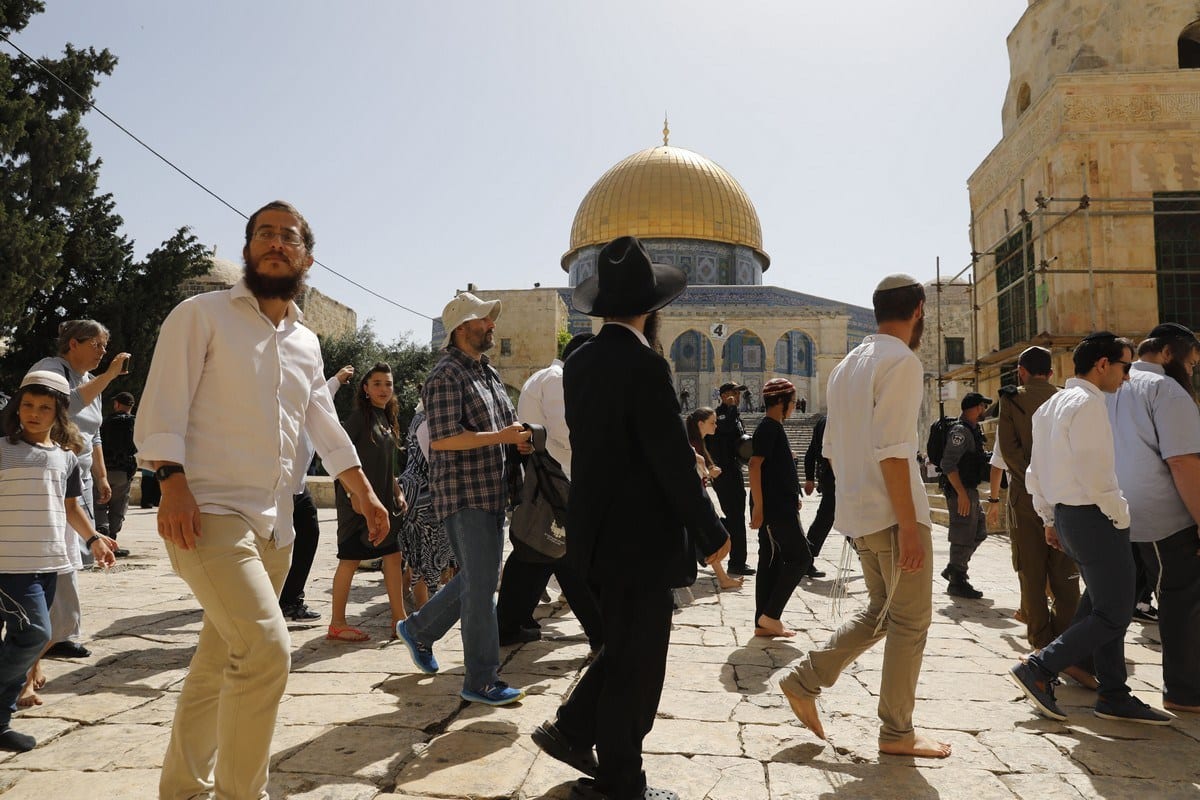 Colonos israelenses, escoltados pela polícia da ocupação de Israel, invadem o complexo da Mesquita de Al-Aqsa, em Jerusalém, 2 de junho de 2019 [Ahmad Gharabli/AFP/Getty Images]