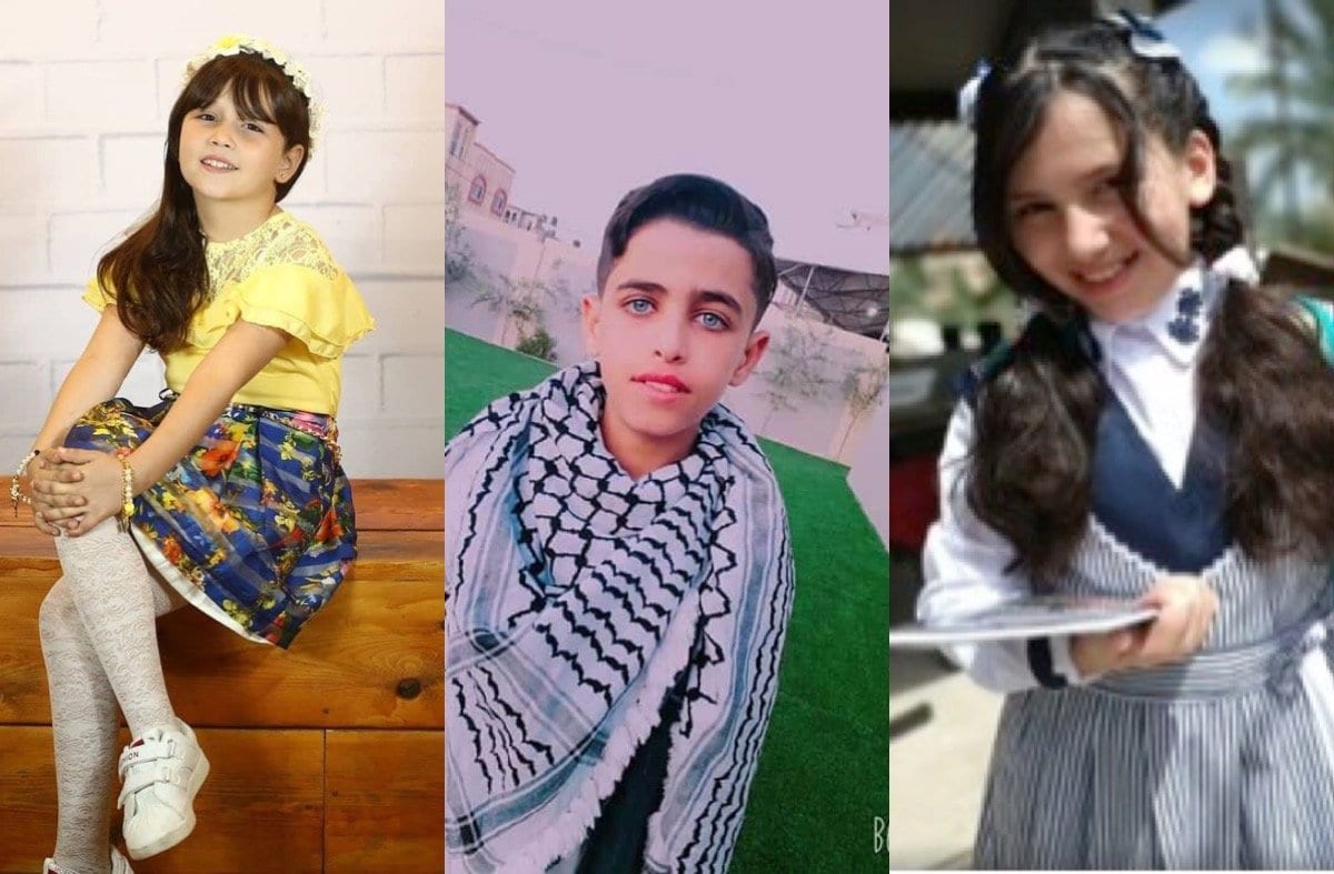 Crianças palestinas de Gaza (E-D) Malak Judah, Musa Abu Jazar, Razan Zidan.
