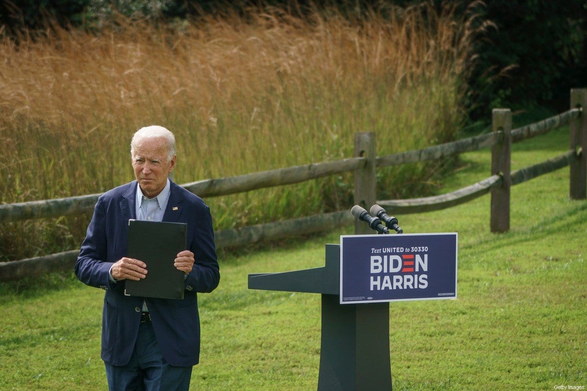 Joe Biden, candidato à presidência dos Estados Unidos, em Wilmington, Delaware, 14 de setembro de 2020 [Drew Angerer/Getty Images]
