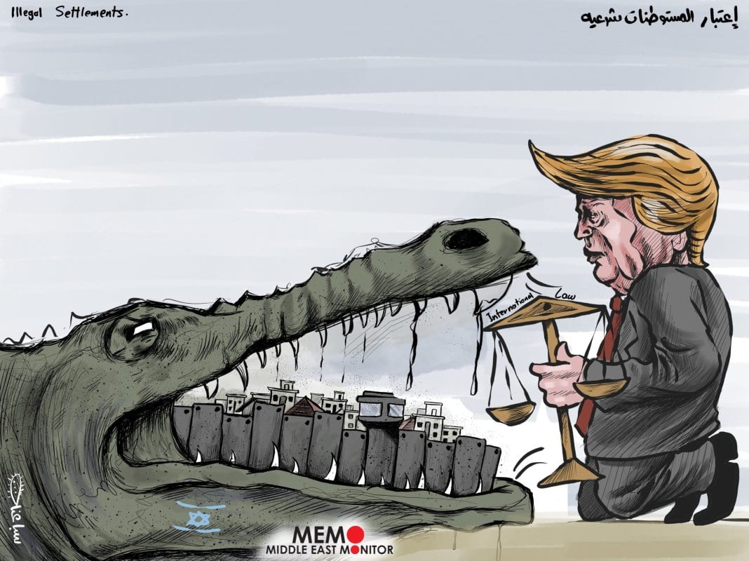 Trump ignora o direito internacional e torna os assentamentos ilegais em legais - charge [Sabaaneh / Monitor do Oriente Médio]