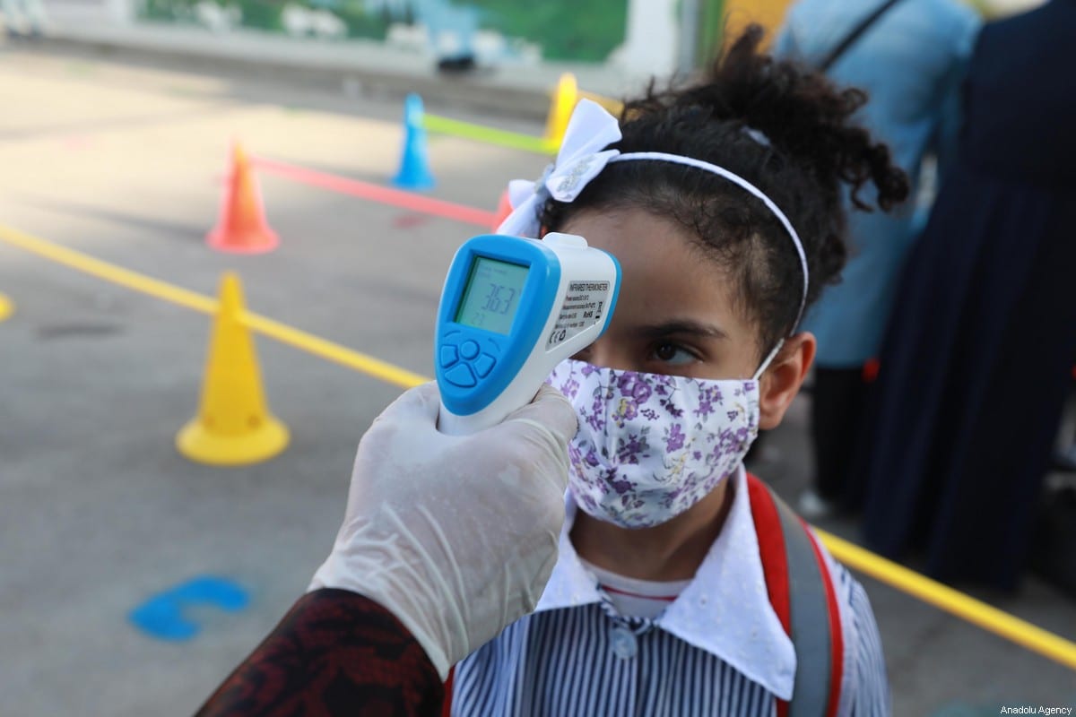 Professora checa a temperatura de uma estudante antes das aulas, durante a pandemia do coronavírus, em Ramallah, Cisjordânia ocupada, 6 de setembro de 2020 [Issam Rimawi/Agência Anadolu]

