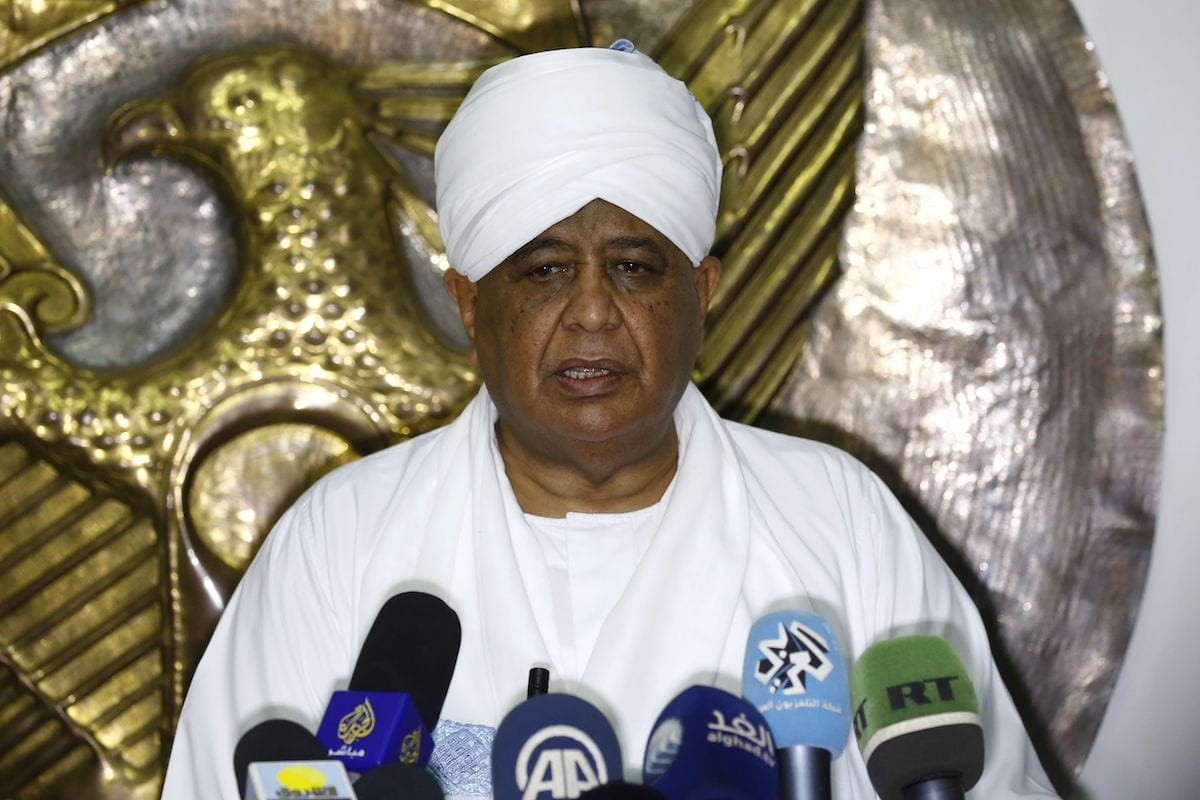 Sudanese Foreign Minister Ibrahim Ghandour speaks to the press following a meeting with his Qatari counterpart in Khartoum, on March 10, 2018. / AFP PHOTO / ASHRAF SHAZLY        (Photo credit should read ASHRAF SHAZLY/AFP via Getty Images)