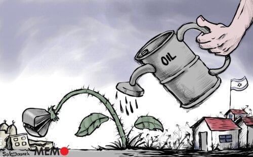 O petróleo está financiando a expansão dos assentamentos de Israel? MEMO #Cartoon by Mohammad Sabaaneh