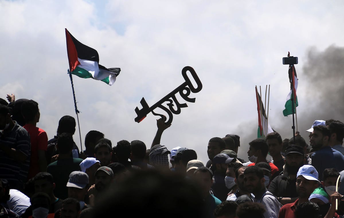 Palestinos em Gaza protestam contra o direito de retornar à sua terra natal em 14 de maio de 2018 [Mahmoud Khattab / Apaimages]
