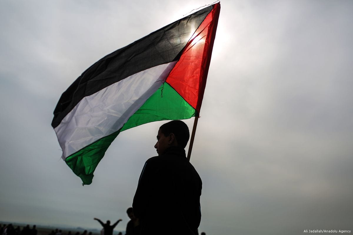 Menino palestino com uma bandeira palestina, em 29 de dezembro de 2017 [Ali Jadallah/Agência Anadolu]