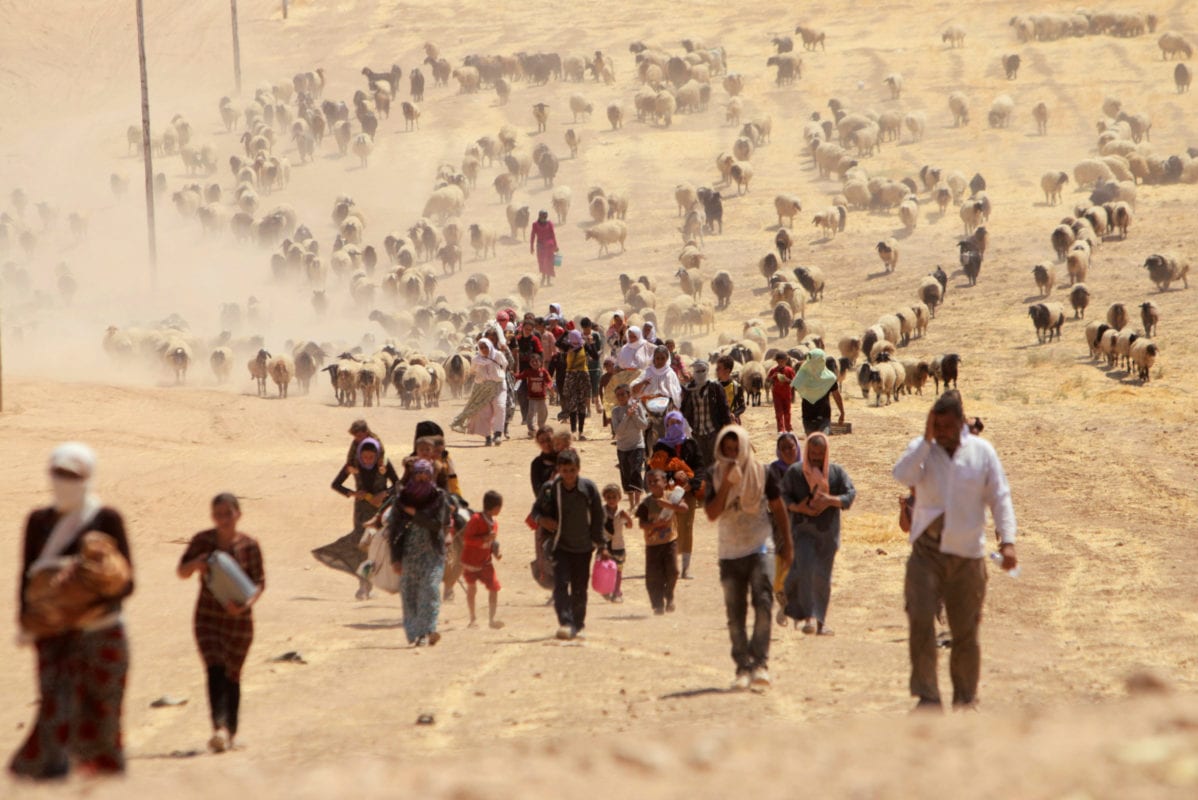 Pessoas deslocadas da seita minoritária Yazidi, fugindo da violência das forças leais ao Daesh em 10 de agosto de 2014 [Rodi Said/Reuters]
