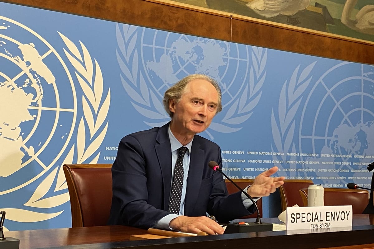 Geir Pedersen, enviado especial da ONU para a Síria, durante coletiva de imprensa no escritório das Nações Unidas em Genebra, Suíça, 21 de agosto de 2020 [Bayran Altug/Agência Anadolu]