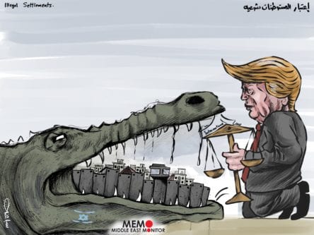 Trump não se preocupa com o Direito Internacional e torna legais os assentamentos ilegais - Charge [Sabaaneh / Monitor do Oriente Médio]