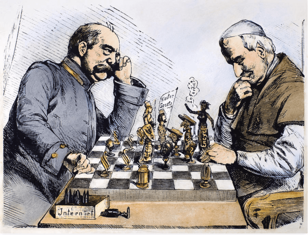 Papa Pio IX movendo sua peça do jogo, a encíclica 'Quod nunquam', contra os movimentos anticlericais de Otto von Bismarck no tabuleiro de 'Kulturkampf'