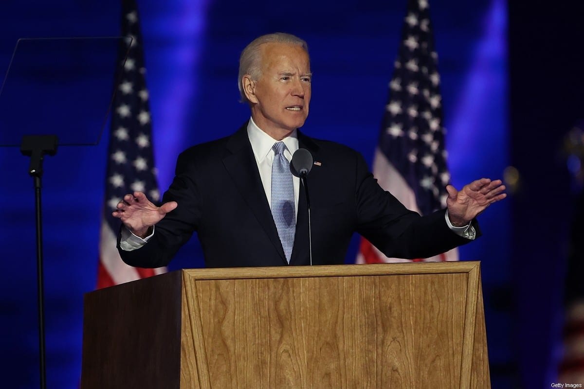 Joe Biden, presidente eleito dos Estados Unidos, discursa à nação da cidade de Wilmington, Delaware, 7 de novembro de 2020 [Tasos Katopodis/Getty Images]

