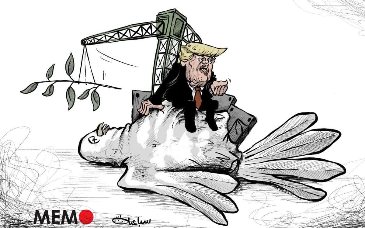 O presidente dos EUA, Donald Trump, saudou o “amanhecer de um novo Oriente Médio” e matou o processo de paz. [Sabaaneh/Monitor do Oriente Médio]