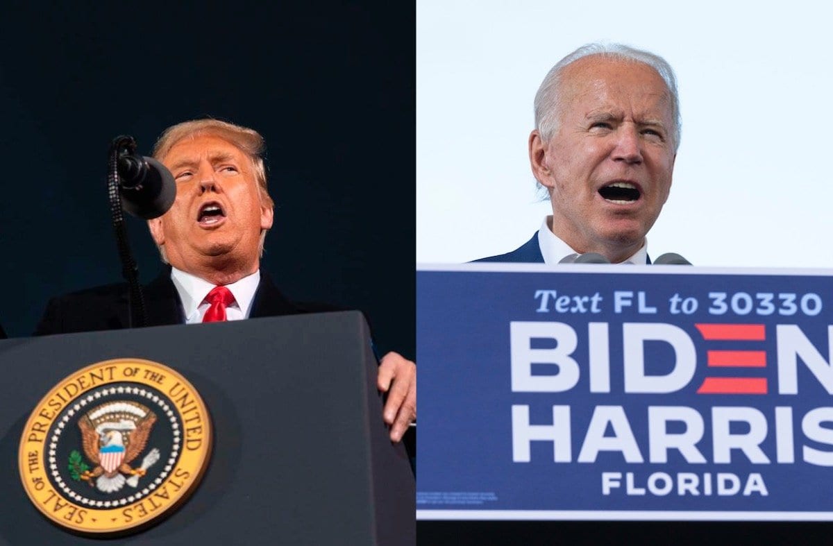 À esquerda: Presidente dos Estados Unidos Donald Trump em Des Moines, Iowa, 14 de outubro de 2020 [Alex Edelman/AFP/Getty Images]; à direita: Joe Biden em Miramar, Flórida, 13 de outubro de 2020 [Jim Watson/AFP/Getty Images]