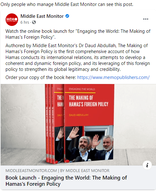 Postagem do Monitor do Oriente Médio/Middle East Monitor que o Facebook afirma ter violado seus Padrões da Comunidade [captura de tela]