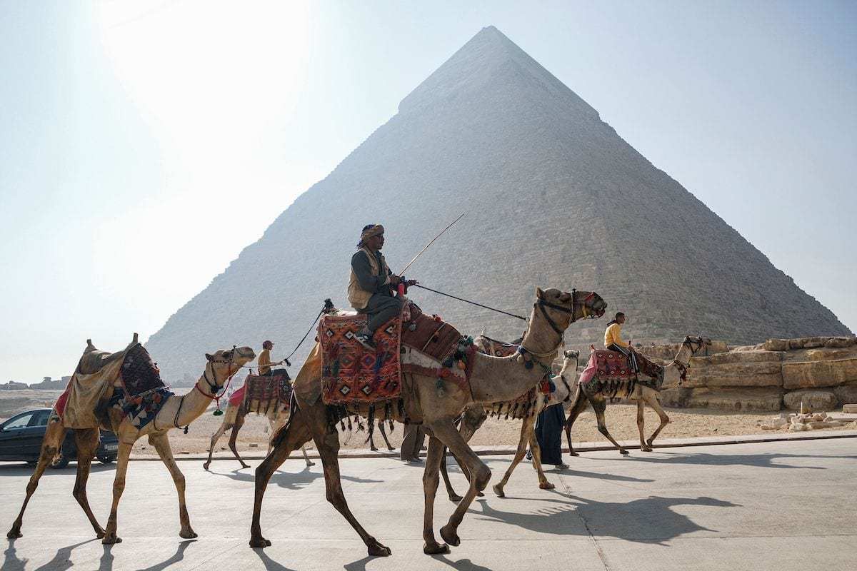 Camelos utilizados por turistas em frente à Pirâmide de Quéfren, na Necrópole de Gizé, Egito, 7 de janeiro de 2021 [Amir Makar/AFP via Getty Images]

