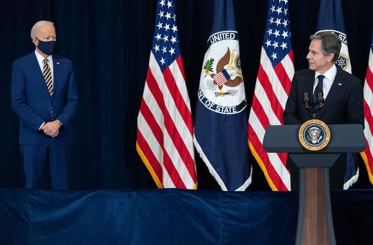 Secretário de Estado dos Estados Unidos Antony Blinken durante a primeira visita do Presidente Joe Biden ao seu departamento, em Washington DC, 4 de fevereiro de 2021 [Saul Loeb/AFP/Getty Images]