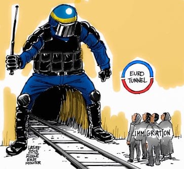 Migrantes no EuroTunnel. [Carlos Latuff/Monitor do Oriente Médio