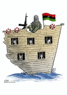 Até 77% dos migrantes enfrentam abusos, exploração e tráfico - Crise de refugiados, Líbia - Cartoon [Hani Abbas/ Monitor do Oriente Médio]