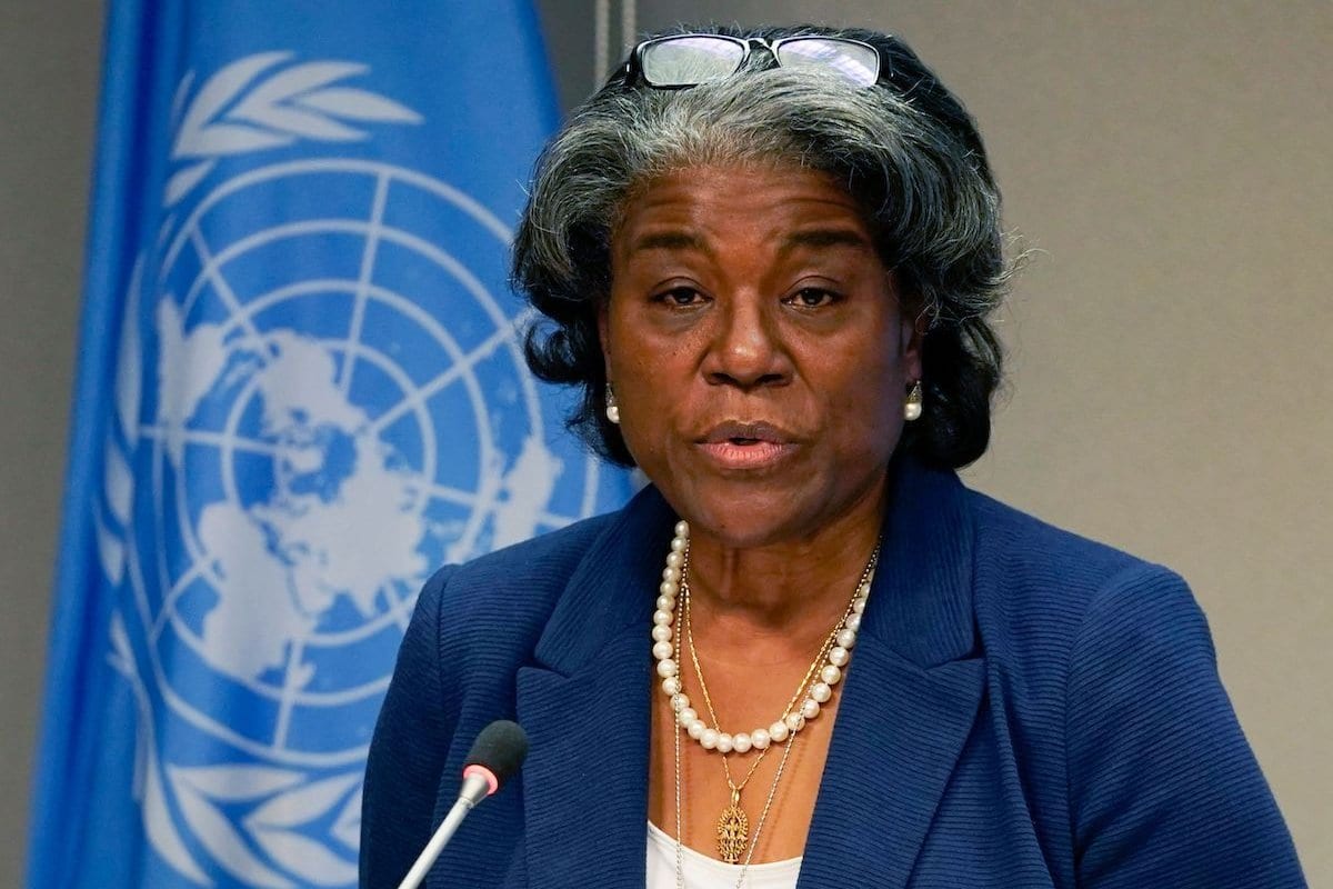 Linda Thomas-Greenfield, embaixadora dos Estados Unidos na ONU e presidente do Conselho de Segurança, durante coletiva de imprensa em Nova York, 1° de março de 2021 [Timothy A. Clary/AFP via Getty Images]
