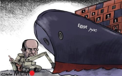 A crise do Canal de Suez - Cartoon [Sabaaneh / MiddleEastMonitor]