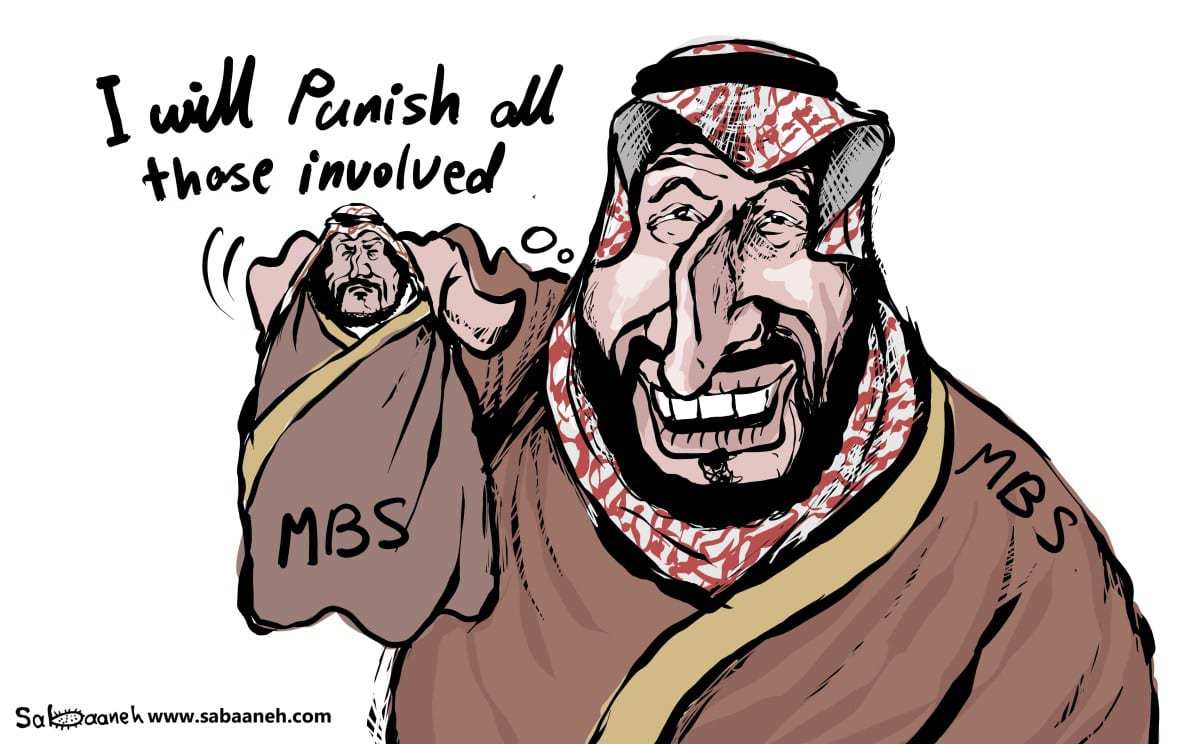 Vamos punir todos os envolvidos, diz cinicamente o príncipe MBS sobre a morte de Jamal Khashoggi - Charge [Sabaaneh / Monitor do Oriente Médio]