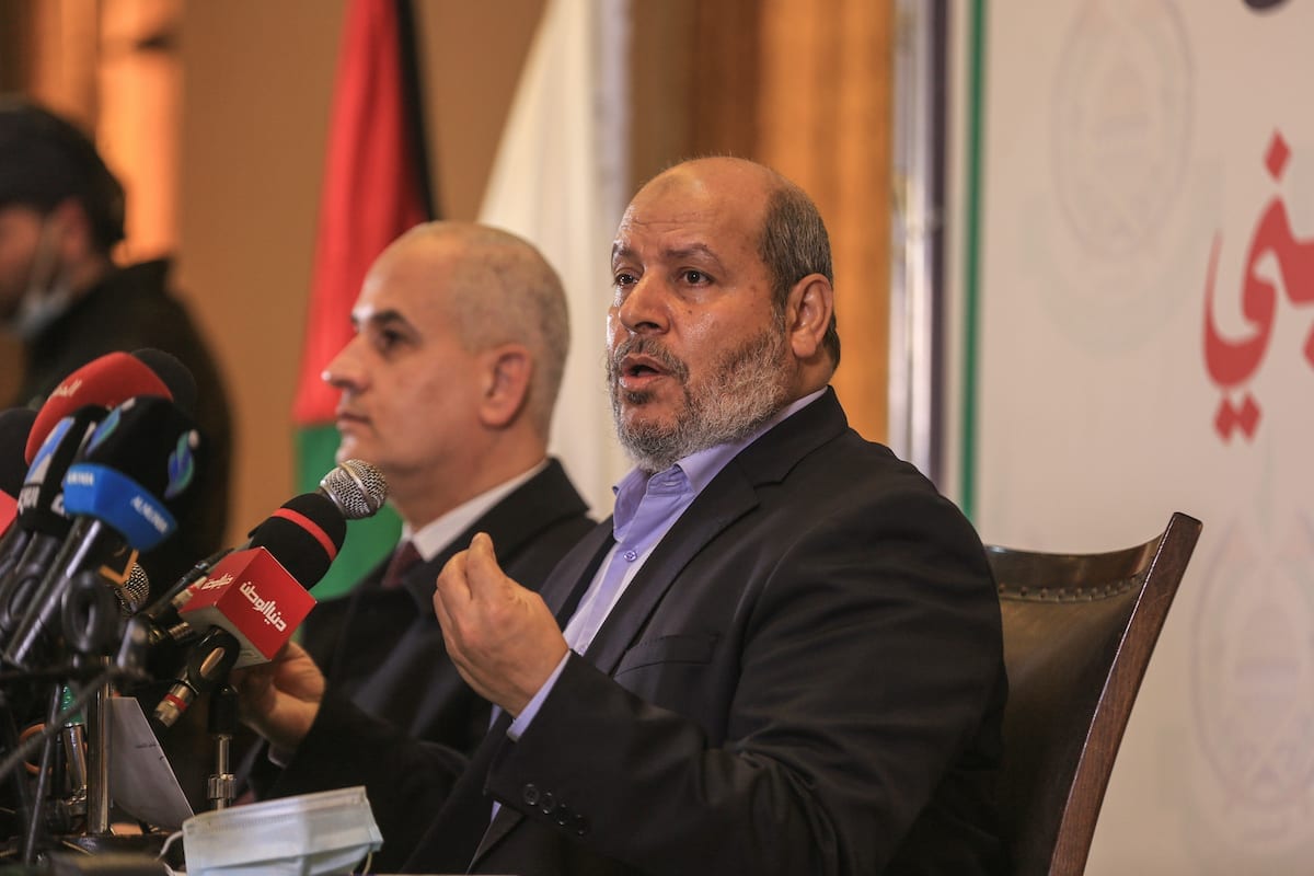  Khalil al-Hayya, oficial sênior do Hamas, fala durante uma entrevista coletiva sobre as eleições palestinas na Cidade de Gaza , Gaza em 03 de fevereiro de 2021 [Ali Jadallah/Agência  Anadolu]