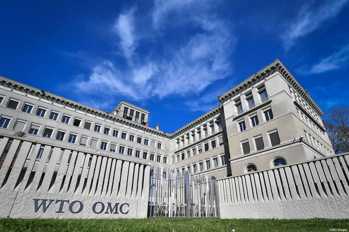 A sede da Organização Mundial do Comércio (OMC) em Genebra, em 12 de abril de 2018 [Fabrice Coffrini/AFP via Getty Images]