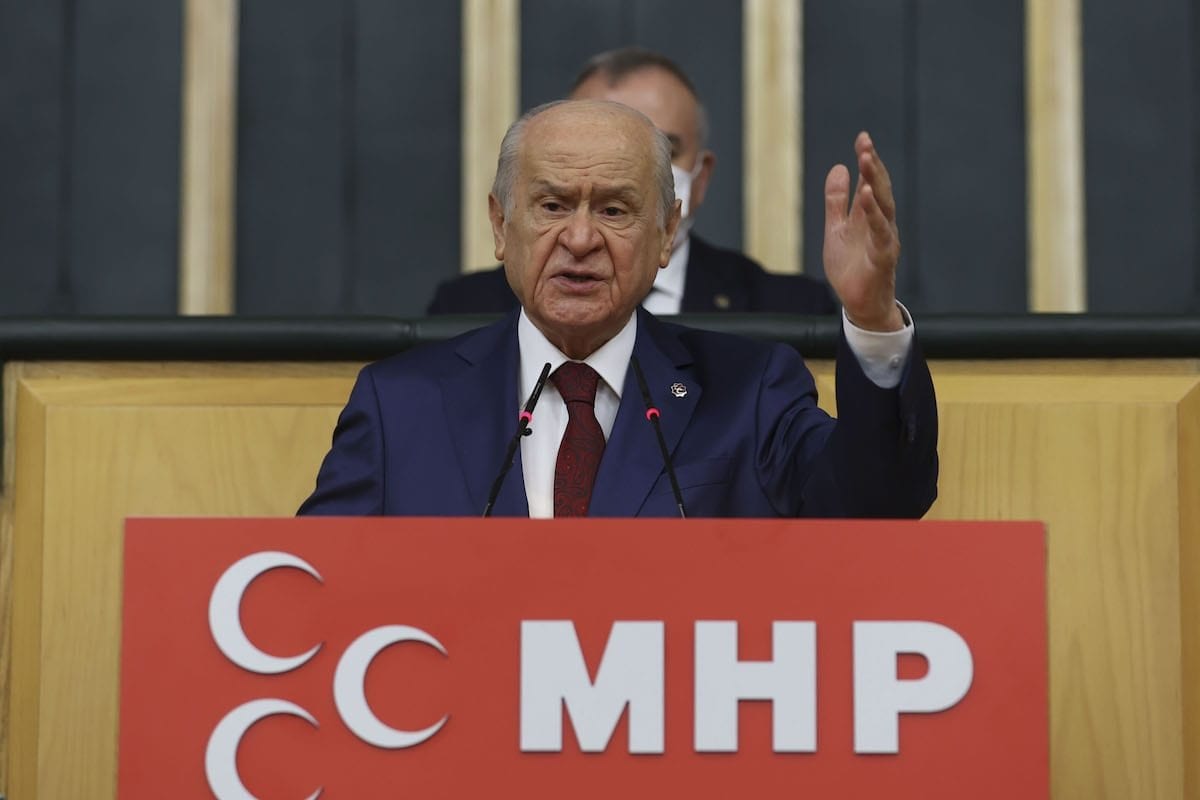 Devlet Bahceli, líder do Partido do Movimento Nacionalista da Turquia (MHP), em Ancara, 20 de abril de 2021 [Erçin Ertürk/Agência Anadolu]
