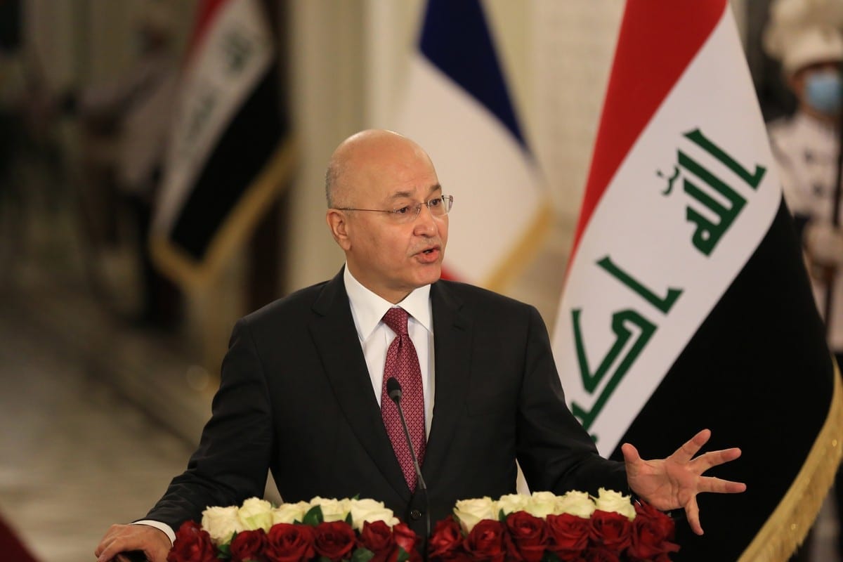 Presidente do Iraque Barham Salih durante coletiva de imprensa em Bagdá, 2 de setembro de 2020 [Murtadha Al-Sudani/Agência Anadolu]