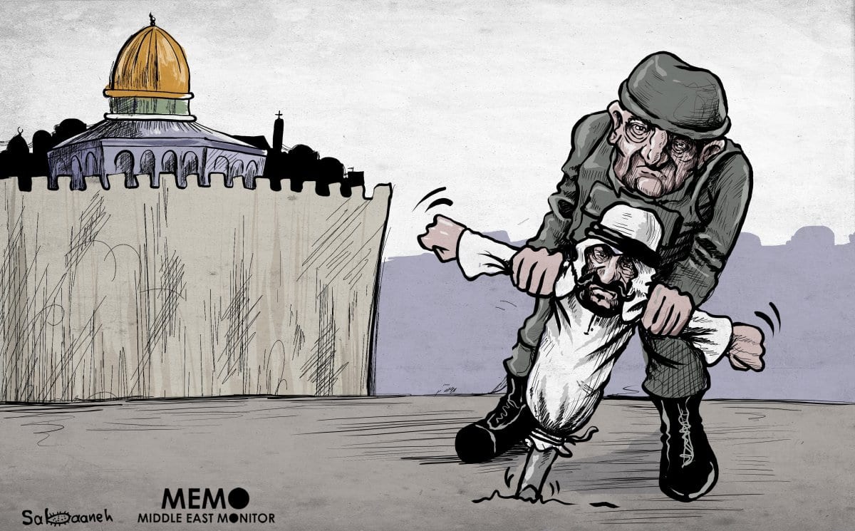 Israel ataca a mesquita de Al-Aqsa com a ajuda de nações árabes -charge [Sabaaneh / Monitor do Oriente Médio]