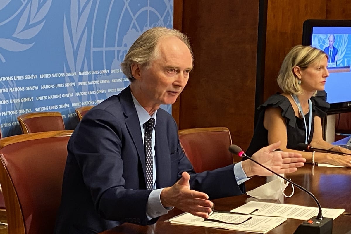 O enviado especial das Nações Unidas (ONU) para a Síria, Geir Pedersen, fala durante uma entrevista coletiva no escritório da ONU em Genebra, na Suíça, em 21 de agosto de 2020 [Bayram Altuğ/Agência Anadolu]