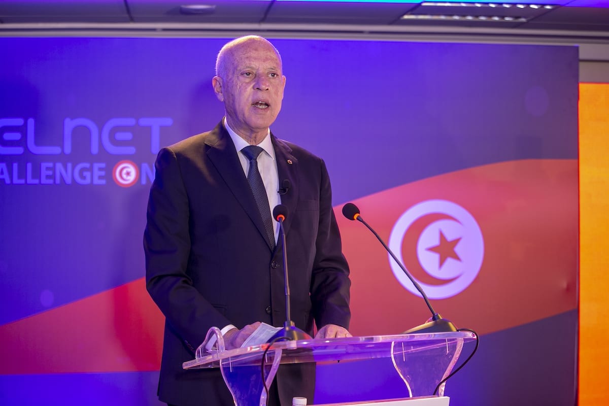 O presidente da Tunísia, Kais Saied, fala durante cerimônia em Túnis, Tunísia, em 22 de março de 2021 [Yassine Gaidi/Agência Anadolu]
