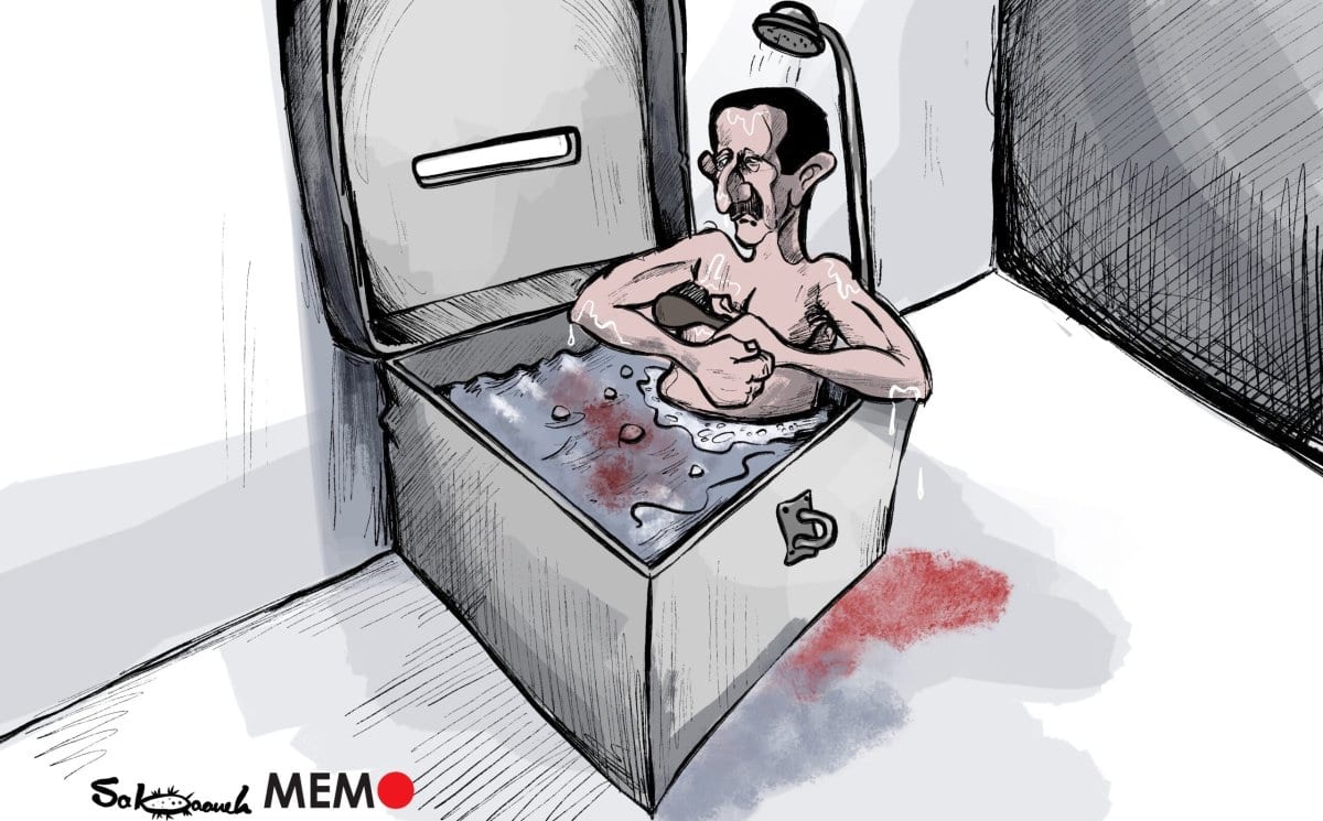 Assad, da Síria, tenta apagar seus crimes de guerra em preparação para as eleições - Charge [Sabaaneh / Monitor do Oriente Médio]