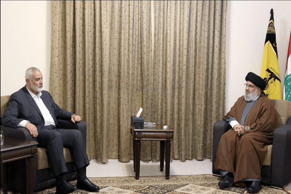O chefe do gabinete político do Movimento de Resistência Islâmica Palestina, Ismail Haniyeh, encontrou-se com o Secretário-Geral do Hezbollah Sayyed Hassan Nasrallah em 29 de junho de 2021 [@MiddleastN/Twitter]
