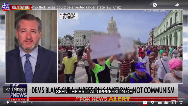 Passagem de cobertura da Fox New exibe imagens borradas de cartazes carregados manifestantes em Cuba. [Foto reprodução]

