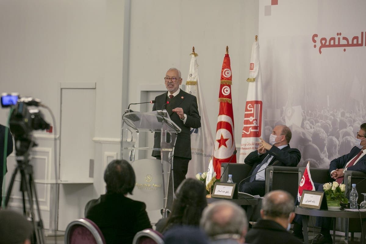 Rached Ghannouchi, presidente do parlamento tunisiano e líder do partido Ennahda, em Túnis, capital da Tunísia, 12 de janeiro de 2021 [Yassine Gaidi/Agência Anadolu]

