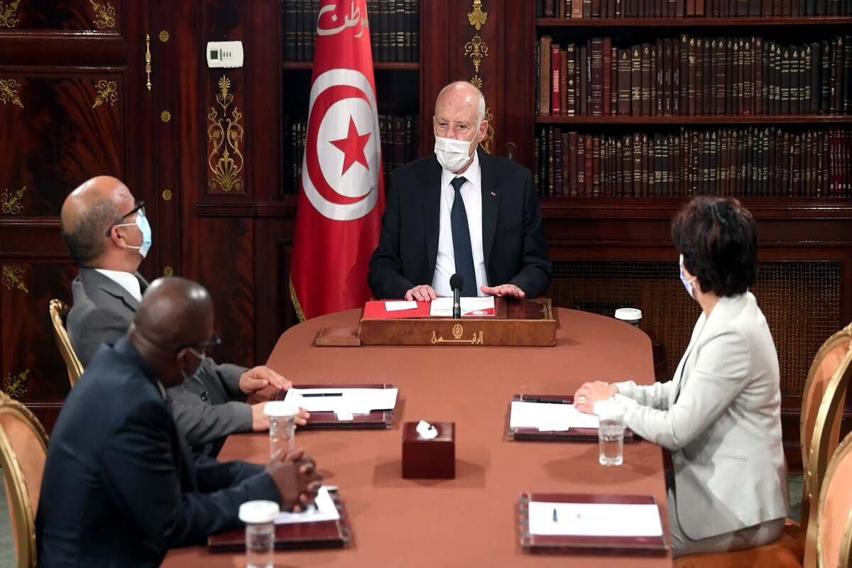 O presidente tunisiano, Kais Saied, em Tunis, Tunísia, em 26 de julho de 2021 [Imagem Presidencial Tunisiana/Agência Anadolu]
