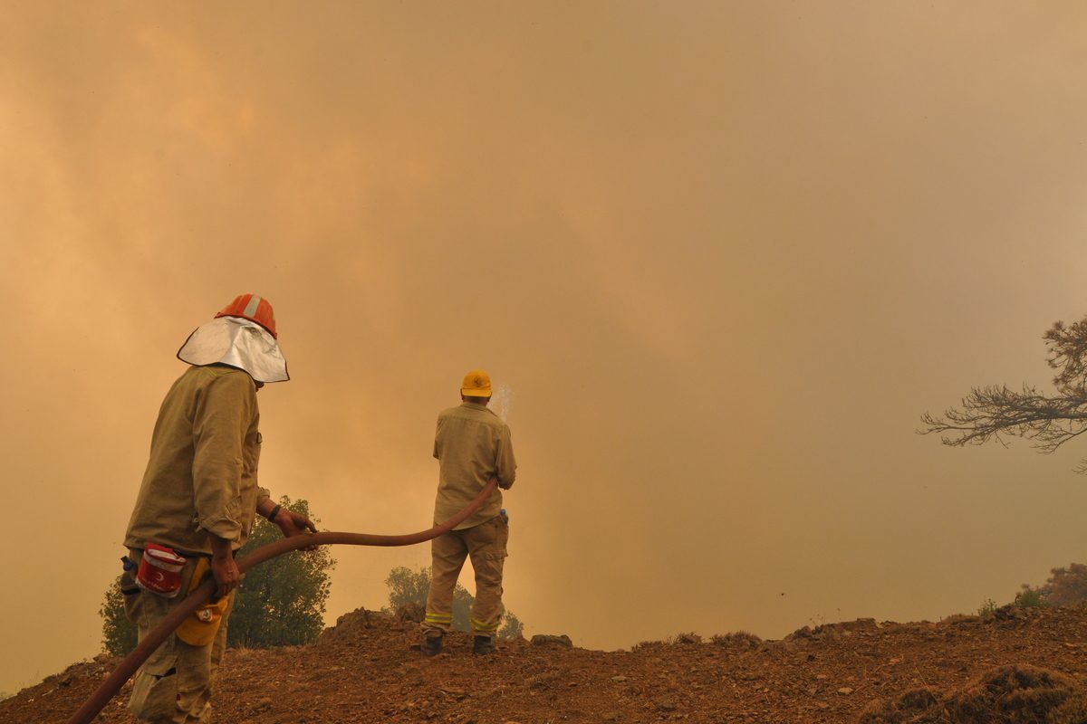 Bombeiros lutam contra o incêndio florestal em Mugla, Turquia, em 2 de agosto de 2021 [Ömer Kundakçı/Agência Anadolu]
