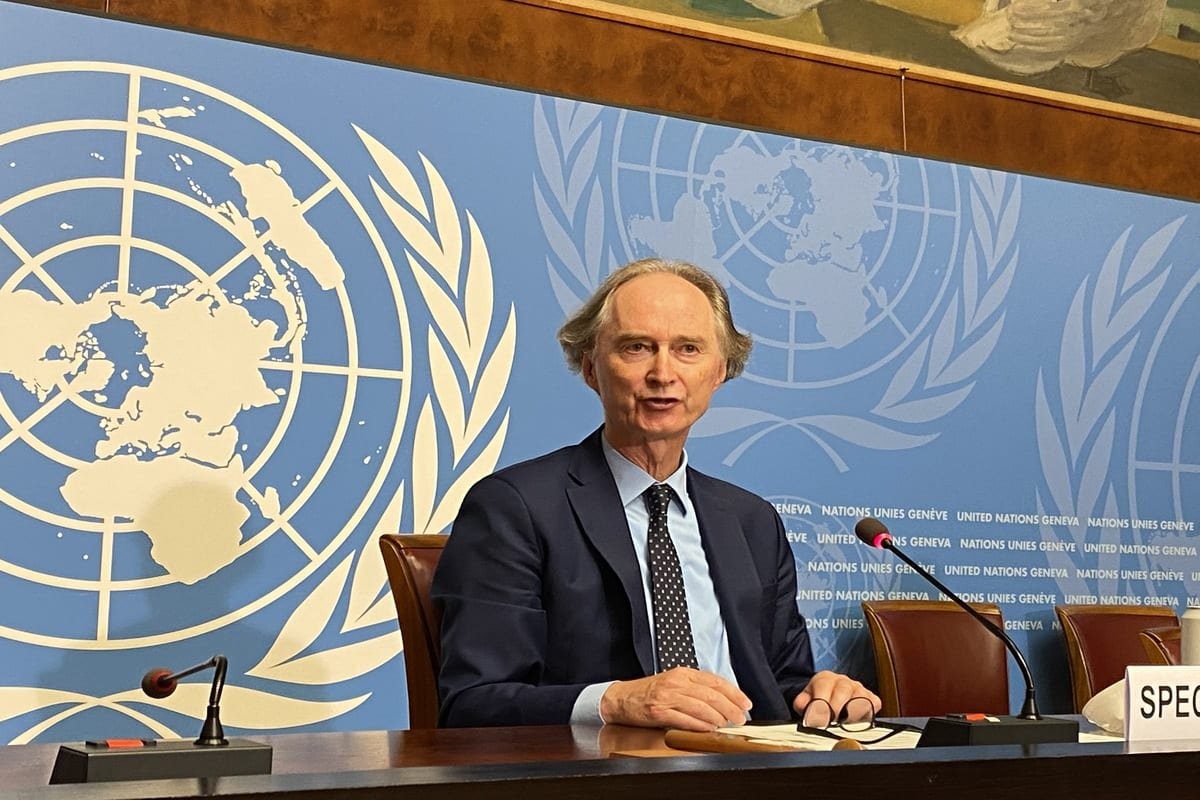 Geir Pedersen, enviado especial das Nações Unidas na Síria, durante coletiva de imprensa no escritório da ONU em Genebra, Suíça, 21 de agosto de 2020 [Bayram Altug/Agência Anadolu]
