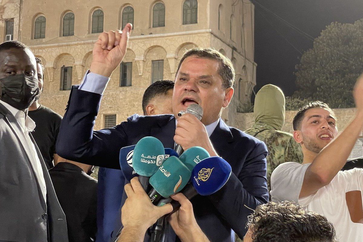 Primeiro-Ministro da Líbia Abdul Hamid Dbeibeh durante protesto em Trípoli, 21 de setembro de 2021 [Mücahit Aydemir/Agência Anadolu]
