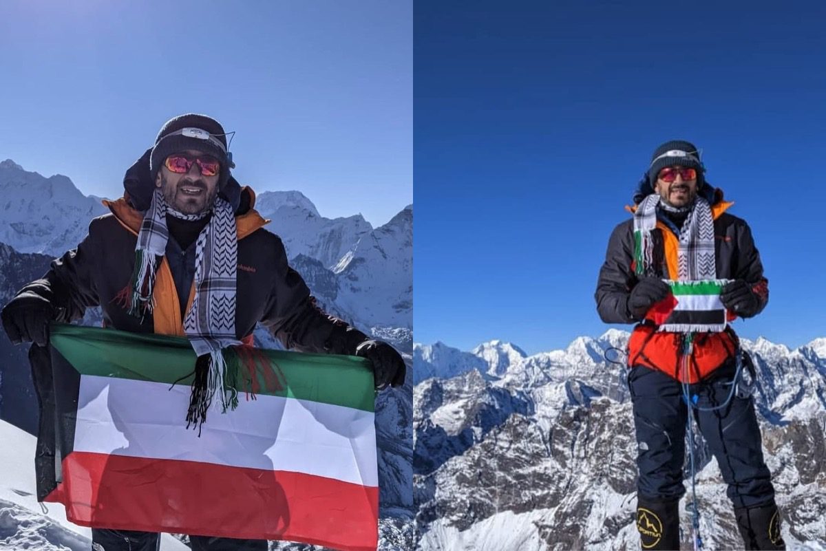 Imran Hadi ergue a bandeira palestina no cume do Lobuche no Nepal [Alresalahpress/Twitter].