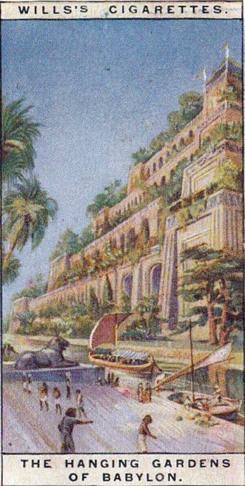 Cartão de tabaco colecionável ilustrado vintage da série Wonders of the Past publicada em 1926 pela H O Wills Cigarettes, uma das lendárias Sete Maravilhas do Mundo, os Jardins Suspensos da Babilônia [Nextrecord Archives/Getty Images]