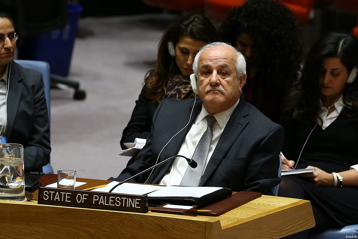 Representante palestino na ONU, Riyad Mansour participa da reunião do Conselho de Segurança das Nações Unidas em Nova Iorque, Estados Unidos [Volkan Furuncu/Agência Anadolu]

