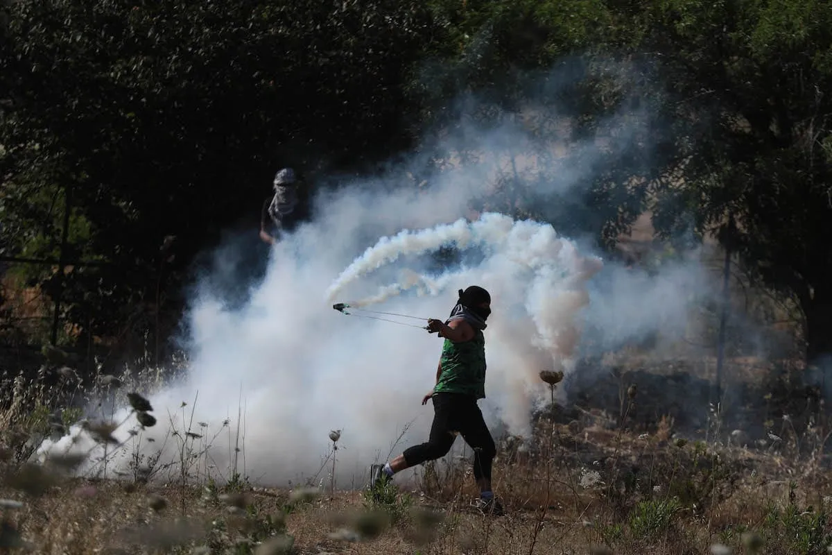 Protesto palestino durante o 73° aniversário da Nakba, em Ramallah, Cisjordânia ocupada, 16 de maio de 2021 [Issam Rimawi/Agência Anadolu]
