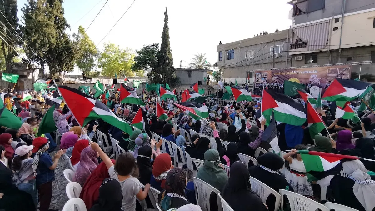 Protesto em solidariedade a Gaza, no campo de refugiados de Ain al-Hilweh, na região de Sidon, Líbano, 30 de maio de 2021 [Ali Hankir/Agência Anadolu]
