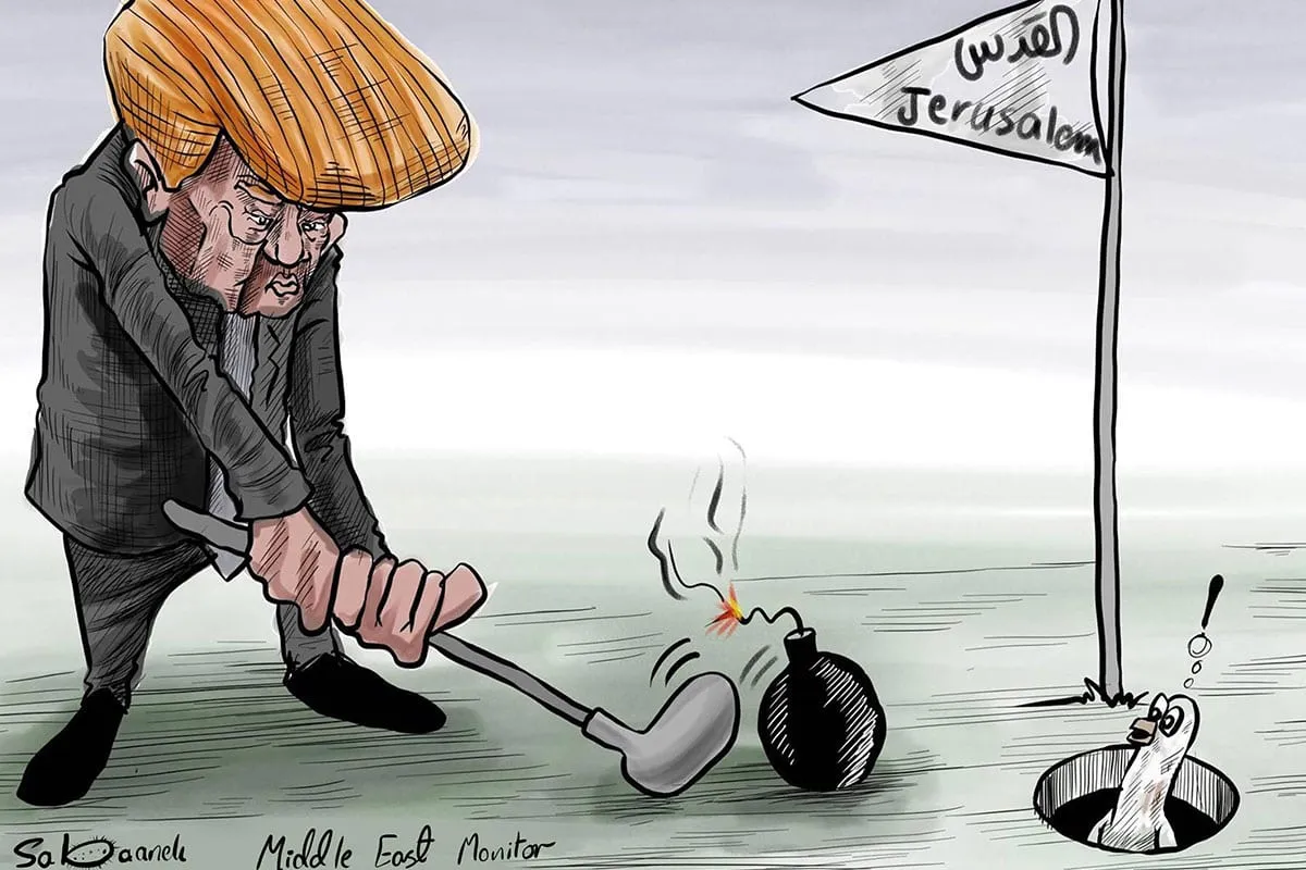 Embaixada dos EUA sendo transferida para Jerusalém – Charge [Sabaaneh/Monitor do Oriente Médio]